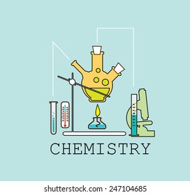 Chemistry  line flat vector illustration on blue background