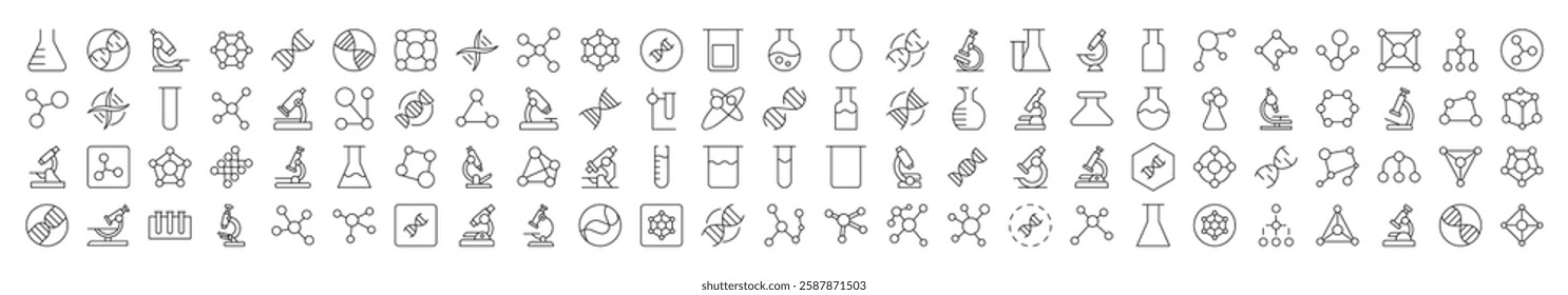 Chemistry Line Icon Bundle. Modern Collection for Design, Web Sites, Apps, Cards. Contains Linear Images of Chemical Compound, Laboratory Bulbs, Atom