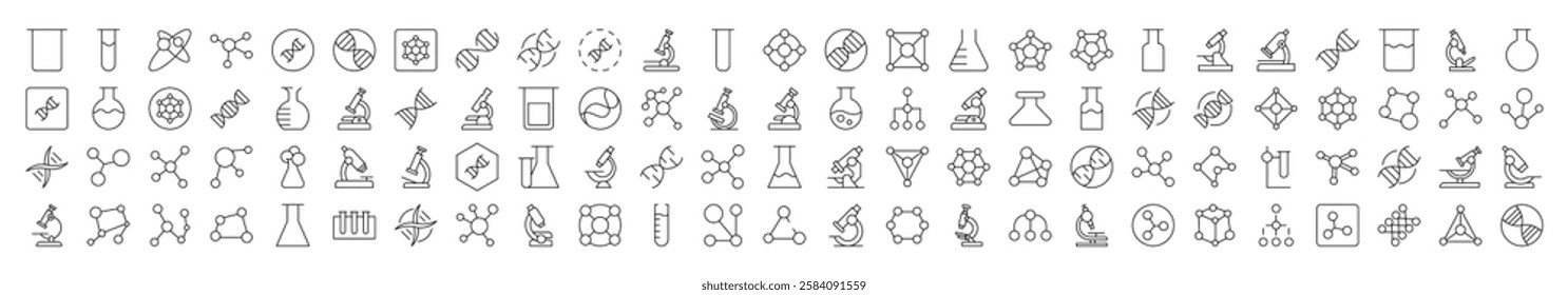 Chemistry Line Icon Collection. Modern Collection for Design, Web Sites, Apps, Cards. Contains Linear Images of Chemical Compound, Laboratory Bulbs, Atom