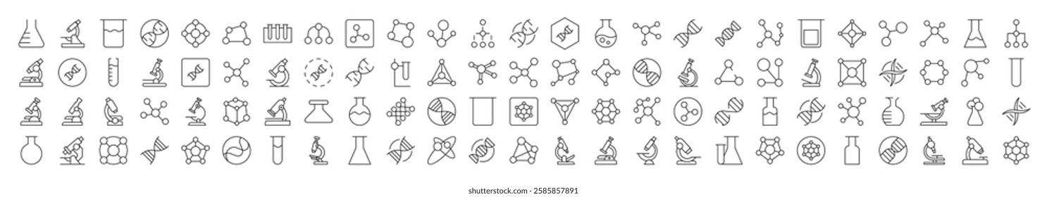 Chemistry Line Icon Pack. Modern Collection for Design, Web Sites, Apps, Cards. Contains Linear Images of Chemical Compound, Laboratory Bulbs, Atom