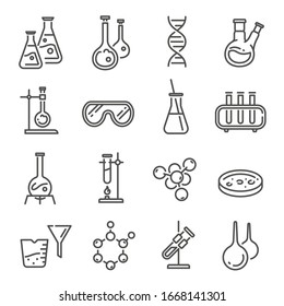 Conjunto de iconos de la línea química. Colección de símbolos lineales - frascos y tubos de ensayo con productos químicos para experimentos científicos, cristales de laboratorio, herramientas de laboratorio o equipos. Ilustración vectorial monocroma.