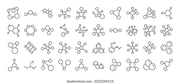 Conjunto de Ícones de Linha de Química. Contém ícones de átomos e compostos químicos que podem ser usados para o design de cartões, posts, aplicativos, sites