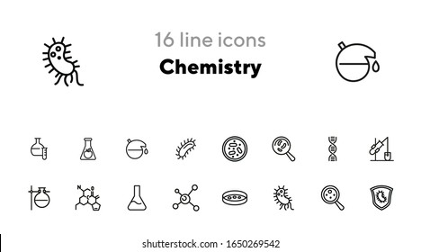 Chemistry line icon set. Set of line icons on white background. Science concept. Bacteria, formula, equipment. Vector illustration can be used for topics like laboratory, investigation, experiment
