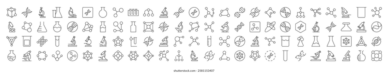 Chemistry Line Icon Set. Modern Collection for Design, Web Sites, Apps, Cards. Contains Linear Images of Chemical Compound, Laboratory Bulbs, Atom