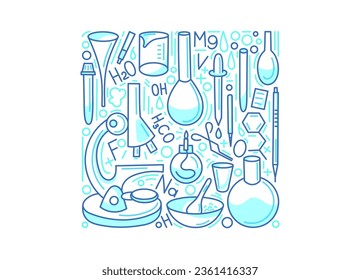 Chemistry line square design. Vector hand drawn art collection. Education and chemistry laboratory, medicine experiment