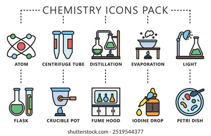 Conjunto de ícones multicoloridos lineares de química, contêm átomo, escala, destilação, DNA, frasco, ímã, capa de fumaça e muito mais. vetor EPS 10. use para UI, UX, app e desenvolvimento web. para indústria, educação.