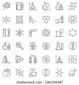 Chemistry linear icons set. Microscope, atom, flask, test-tube, chemical reaction outline symbols