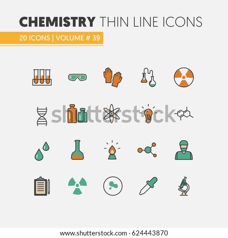 Chemistry Linear Thin Line Vector Icons Set with DNA and Chemical Elements
