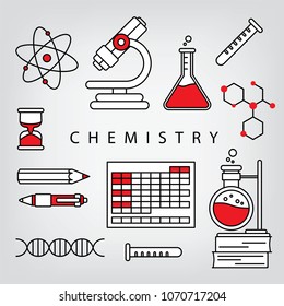 Chemistry linear vector concept.  Science, Laboratory and education illustration made with thin line chemical icons.