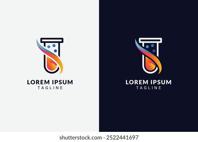 El concepto de logotipo de química presenta una reacción química dentro de un tubo de ensayo con un lado líquido y gas. Plantilla de logotipo de Vector para empresas de branding en educación, farmacéutica, investigación, química, ciencia