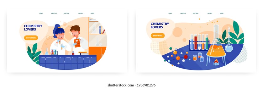 Chemistry Lovers Landing Page Design, Website Banner Vector Template Set. Students Conducting Experiment In School Lab.