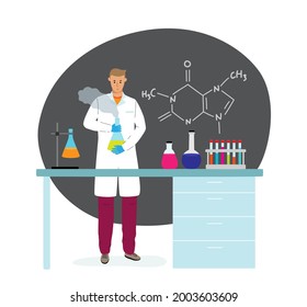 Chemistry male teacher in uniform stands in front of blackboard, shows chemical reaction in retort. Young scientist does research, experiments at medical laboratory. Flat cartoon vector illustration.