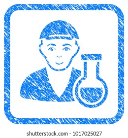 Chemistry Man rubber seal stamp watermark. Icon vector symbol with grunge design and corrosion texture in rounded squared frame. Scratched blue sign. Male face has gladness feeling.