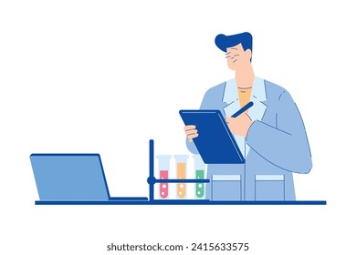 Chemistry with Man Scientist Character at Desk with Glass Tube Vector Illustration