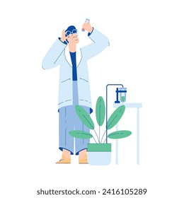 Chemistry with Man Scientist Character Explore Glass Flask with Substance Vector Illustration