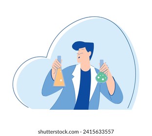 Chemistry with Man Scientist Character with Glass Flask Vector Illustration