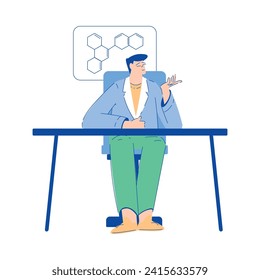 Chemistry with Man Scientist Character Sitting at Desk Vector Illustration