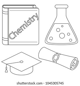 Chemistry mastering study icon set. Line art black and white textbook test tube graduation diploma scroll and hat. Education theme vector illustration for sticker, stamp, logo, label, patch, sticker