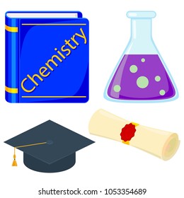 Chemistry mastering study icon set. Colorful cartoon textbook test tube graduation diploma scroll and hat. Education theme vector illustration for sticker, stamp, logo, label, patch, sticker