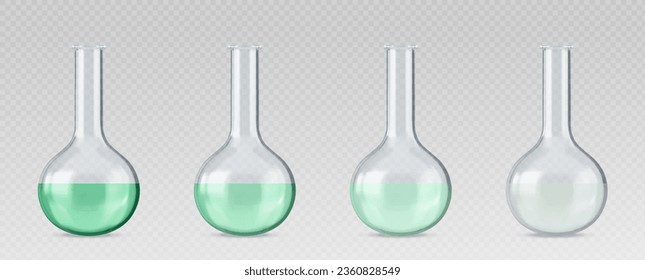 Chemistry measuring glass beakers filled with liquid from green to transparent color. Realistic set process of discoloration and purification in round laboratory flask. Science test tube and glassware