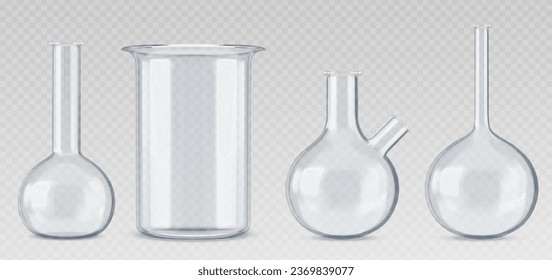 Chemistry measuring glass beakers. Realistic vector illustration set of round and conical empty transparent laboratory flasks and tubes. Lab glassware equipment for scientific experiments and tests.