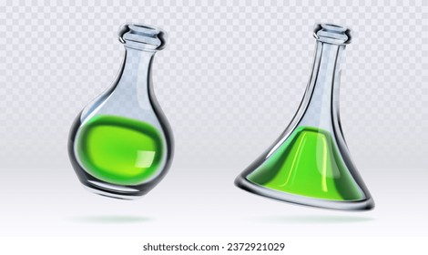 Chemistry measuring glass flasks filled with green liquid. Realistic 3d vector set of laboratory chemical or medical beakers. Science equipment - test tube and glassware for experiments and research.