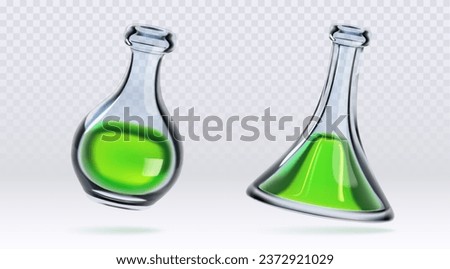 Chemistry measuring glass flasks filled with green liquid. Realistic 3d vector set of laboratory chemical or medical beakers. Science equipment - test tube and glassware for experiments and research.