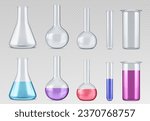Chemistry measuring glass tubes and beakers. Realistic vector illustration set of empty transparent and filled with colored liquid laboratory flasks. Lab test equipment and science glassware.