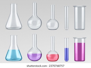 Chemistry measuring glass tubes and beakers. Realistic vector illustration set of empty transparent and filled with colored liquid laboratory flasks. Lab test equipment and science glassware.