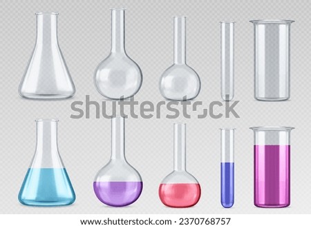 Chemistry measuring glass tubes and beakers. Realistic vector illustration set of empty transparent and filled with colored liquid laboratory flasks. Lab test equipment and science glassware.