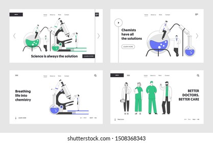 Chemistry and Medicine Website Landing Page Set. Scientists Conducting Experiments in Science Laboratory. Doctors Staff in White Robes Web Page Banner. Cartoon Flat Vector Illustration, Line Art