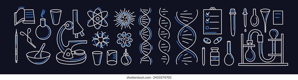 Química y microbiología, colección de línea de adn. Estudios de laboratorio, microscopio, tubo de reacción. Signo de doodle vectorial