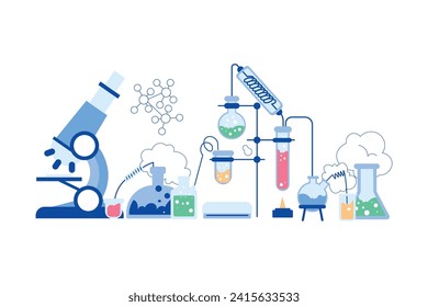 Chemistry with Microscope and Liquid Substance in Glass Flask Vector Illustration