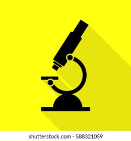 Chemistry microscope sign for laboratory. Black icon with flat style shadow path on yellow background.