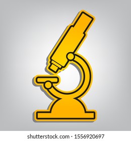 Chemistry microscope sign for laboratory. Flat orange icon with overlapping linear black icon with gray shadow at whitish background. Illustration.