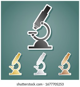 Chemistry microscope sign for laboratory. Set of metallic Icons with gray, gold, silver and bronze gradient with white contour and shadow at viridan background. Illustration.