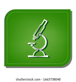 Chemistry microscope sign for laboratory. Silver gradient line icon with dark green shadow at ecological patched green leaf. Illustration.