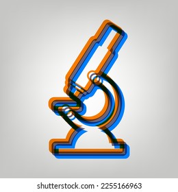 Signo de microscopio químico para laboratorio. Icono marcado en colores naranja, azul y lavanda antigua en fondo gris. Ilustración.