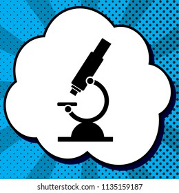 Chemistry microscope sign for laboratory. Vector. Black icon in bubble on blue pop-art background with rays.