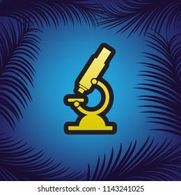Chemistry microscope sign for laboratory. Vector. Golden icon with black contour at blue background with branches of palm trees.