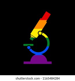 Chemistry microscope sign for laboratory. Vector. Icon with colors of LGBT flag at black background.