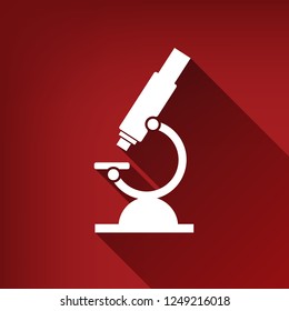 Chemistry Microscope Sign For Laboratory. Vector. White Icon With Limitless Shadow At Ruby Red Background.