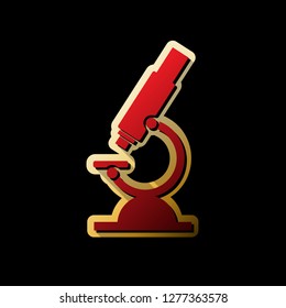 Chemistry Microscope Sign For Laboratory. Vector. Red Icon With Small Black And Limitless Shadows At Golden Sticker On Black Background.