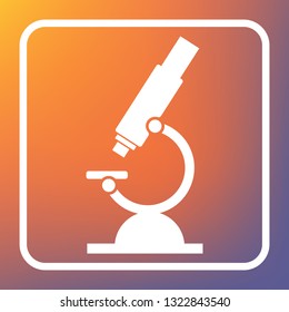 Chemistry microscope sign for laboratory. Vector. White icon on transparent button at orange-violet gradient background.