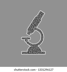 Chemistry microscope sign for laboratory. Vector. Black maze filled icon with white border at gray background.