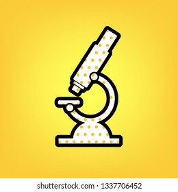 Chemistry microscope sign for laboratory. Vector. Yellow polka dot white icon with black contour at warm yellow background.