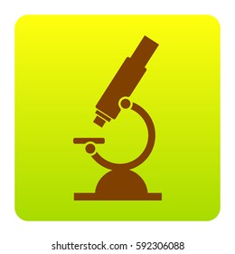 Chemistry microscope sign for laboratory. Vector. Brown icon at green-yellow gradient square with rounded corners on white background. Isolated.