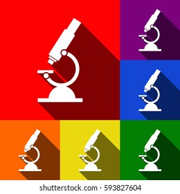 Chemistry microscope sign for laboratory. Vector. Set of icons with flat shadows at red, orange, yellow, green, blue and violet background.