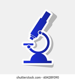 Chemistry microscope sign for laboratory. Vector. New year bluish icon with outside stroke and gray shadow on light gray background.