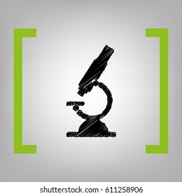 Chemistry microscope sign for laboratory. Vector. Black scribble icon in citron brackets on grayish background.